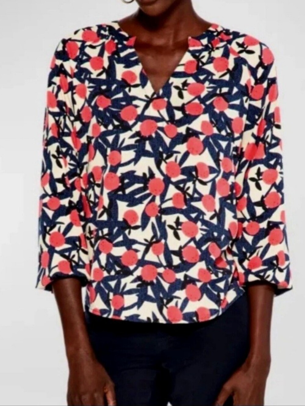 Nic+Zoe Fresh Squeeze Popover Blouse Cream Blue Red V-neck